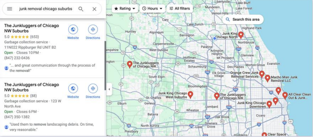 Google Map Pack example for junk removal